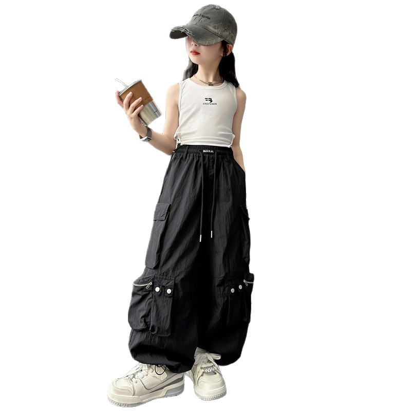 Meiteņu vasaras divdaļīgs komplekts: bez piedurknēm veste un cargo-harem bikses, 70% kokvilna, uzraksts ar burtiem, korejiešu stils