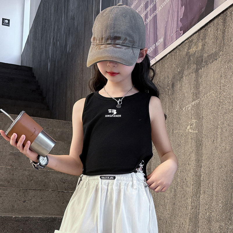 Meiteņu vasaras divdaļīgs komplekts: bez piedurknēm veste un cargo-harem bikses, 70% kokvilna, uzraksts ar burtiem, korejiešu stils