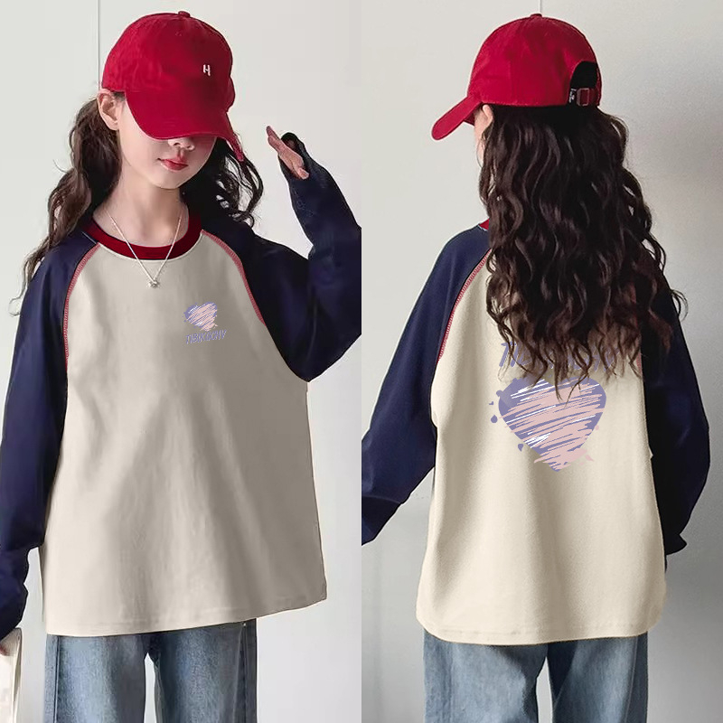 Meitenēm garām piedurknēm T-krekls no 100% kokvilnas, apaļš kakls, karikatūru un burtiem raksts, pavasaris–rudens, 8+ gadi