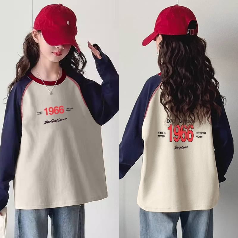 Meitenēm garām piedurknēm T-krekls no 100% kokvilnas, apaļš kakls, karikatūru un burtiem raksts, pavasaris–rudens, 8+ gadi