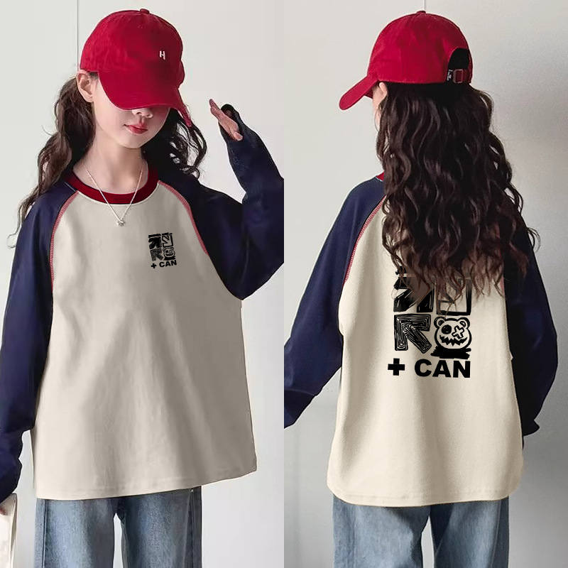 Meitenēm garām piedurknēm T-krekls no 100% kokvilnas, apaļš kakls, karikatūru un burtiem raksts, pavasaris–rudens, 8+ gadi