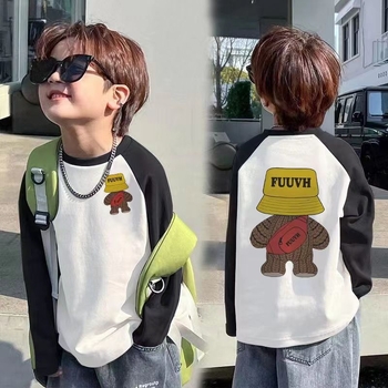 Bērnu kokvilnas raglāna T-krekls ar karikatūras rakstu, apaļais kakls, pavasaris un rudens