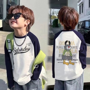 Bērnu kokvilnas raglāna T-krekls ar karikatūras rakstu, apaļais kakls, pavasaris un rudens