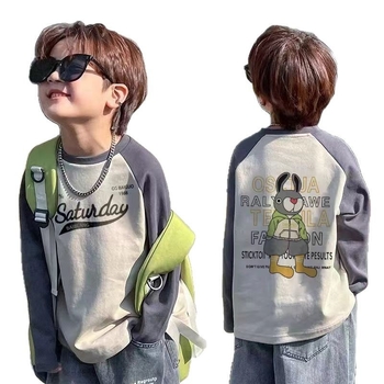 Bērnu kokvilnas raglāna T-krekls ar karikatūras rakstu, apaļais kakls, pavasaris un rudens