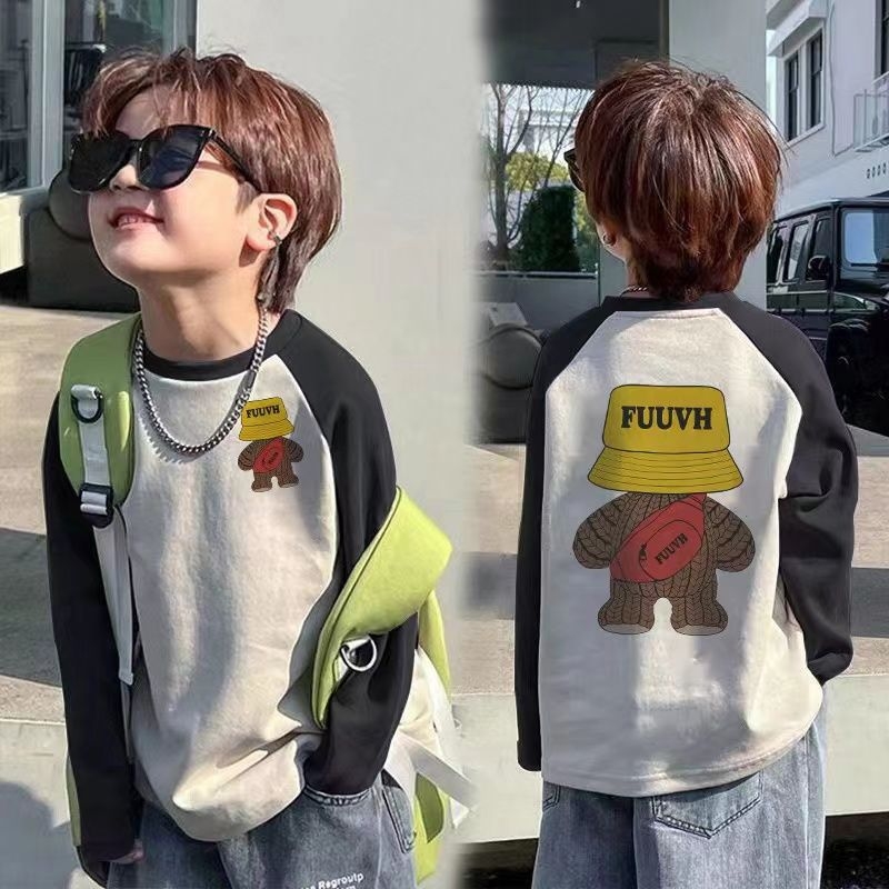 Bērnu kokvilnas raglāna T-krekls ar karikatūras rakstu, apaļais kakls, pavasaris un rudens