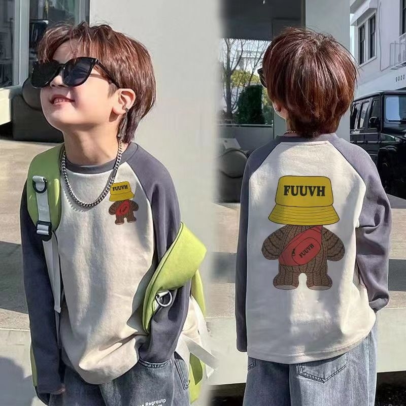 Bērnu kokvilnas raglāna T-krekls ar karikatūras rakstu, apaļais kakls, pavasaris un rudens