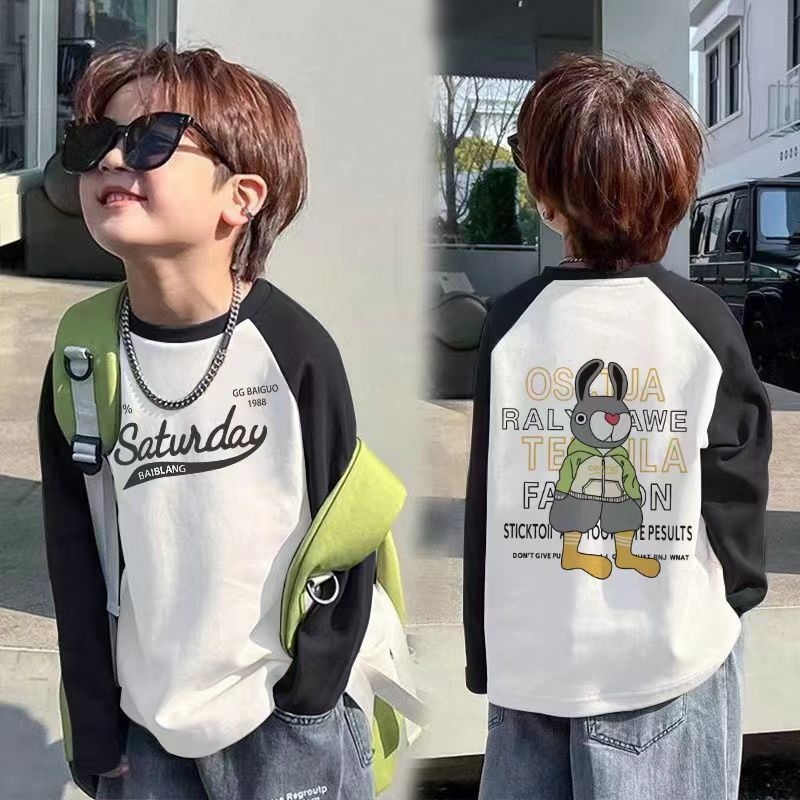 Bērnu kokvilnas raglāna T-krekls ar karikatūras rakstu, apaļais kakls, pavasaris un rudens