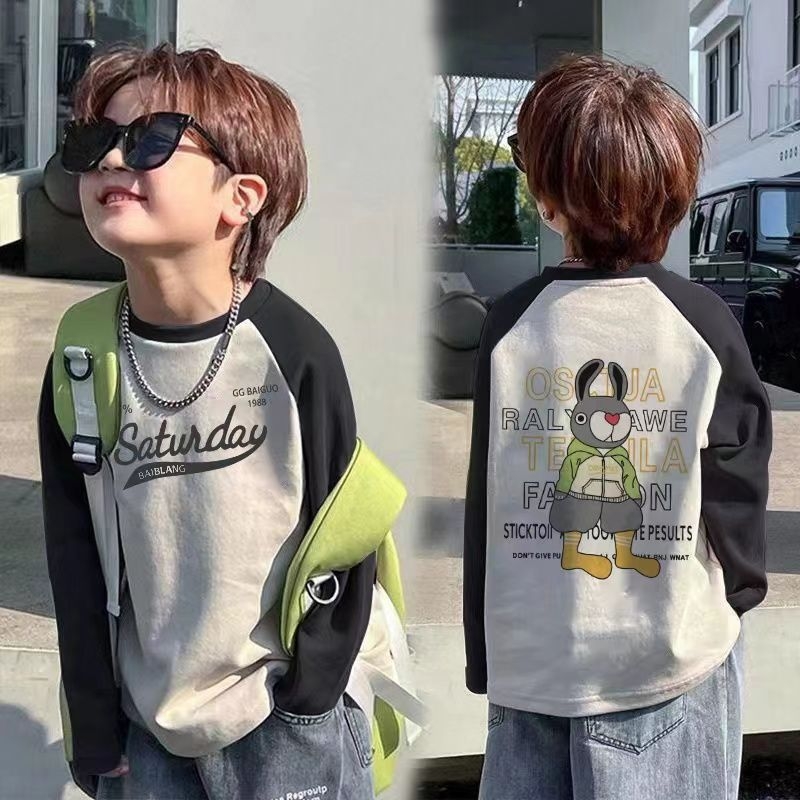 Bērnu kokvilnas raglāna T-krekls ar karikatūras rakstu, apaļais kakls, pavasaris un rudens