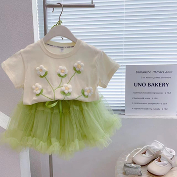 Bērnu kokvilnas T-krekls ar īsām piedurknēm, ziedu rakstu, apaļu kaklu