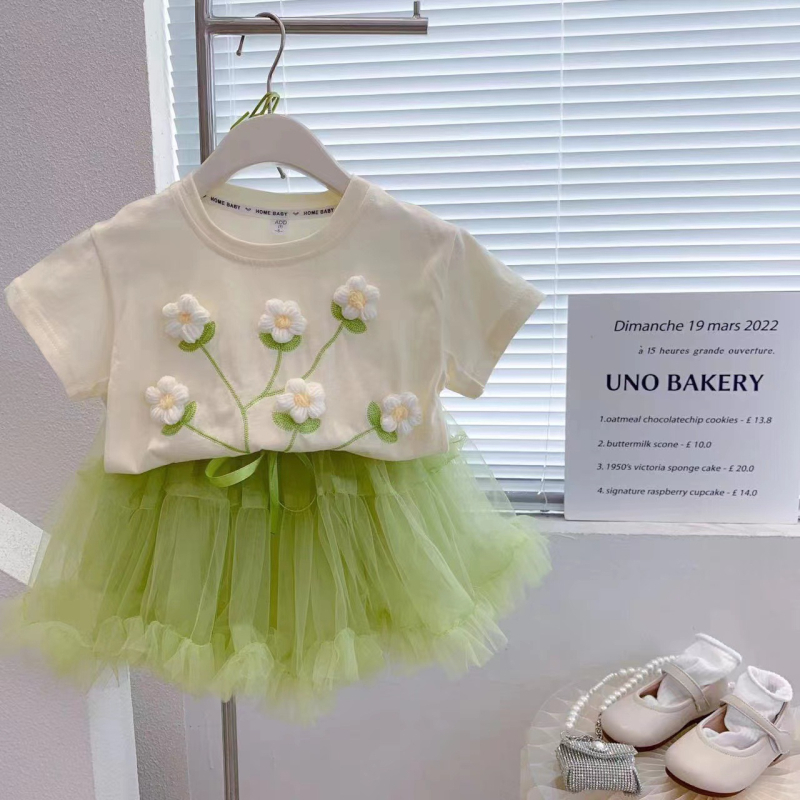 Bērnu kokvilnas T-krekls ar īsām piedurknēm, ziedu rakstu, apaļu kaklu