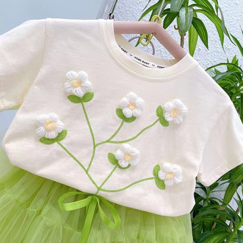 Bērnu kokvilnas T-krekls ar īsām piedurknēm, ziedu rakstu, apaļu kaklu