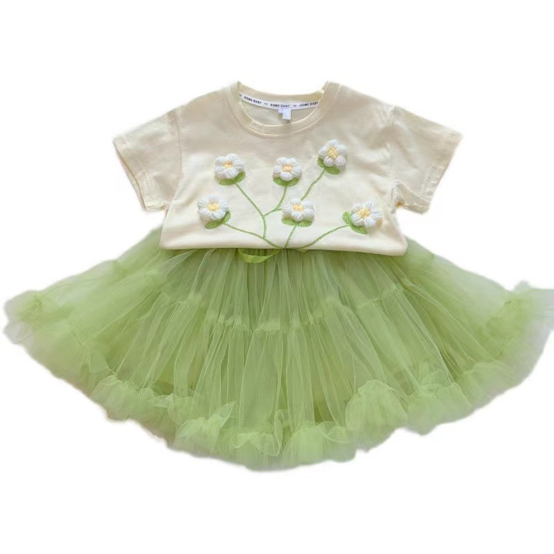 Bērnu kokvilnas T-krekls ar īsām piedurknēm, ziedu rakstu, apaļu kaklu