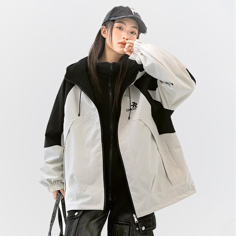 Meitenēm kapucēta jaka ar rāvējslēdzēju, augstu apkakli, garas piedurknes, poliester