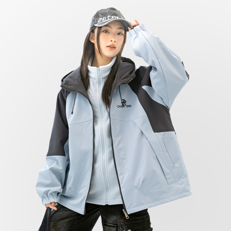 Meitenēm kapucēta jaka ar rāvējslēdzēju, augstu apkakli, garas piedurknes, poliester