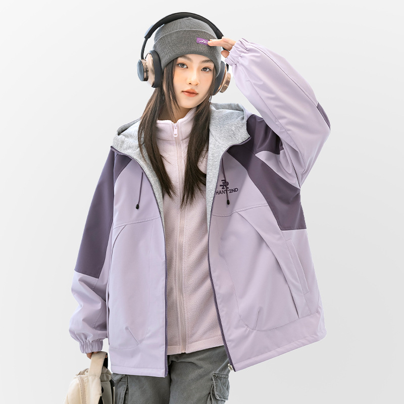 Meitenēm kapucēta jaka ar rāvējslēdzēju, augstu apkakli, garas piedurknes, poliester