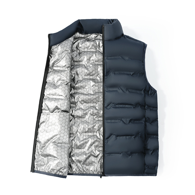 Vīriešu dūnu veste ar stāvošu apkakli, rāvējslēdzējs, bieza pildījuma, pildījums: zosu pūka, poliestera audums