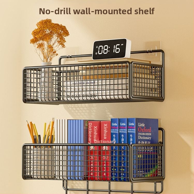 Cavieri Σφυρήλατο σίδερο – Τοίχο-μονταριστό ράφι αποθήκευσης χωρίς διάτρηση, καλάθι τοίχου για βιβλία, καλλυντικά και καλώδια