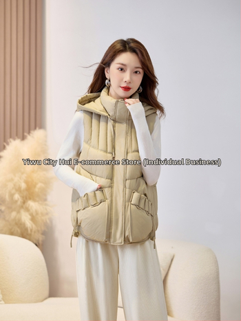 Sieviešu īsa kapuces veste ar poliestera un kokvilnas pildījumu, bieza auduma, rāvējslēdzēja aizdare, parasts garums, elegantisks pilsētas stils