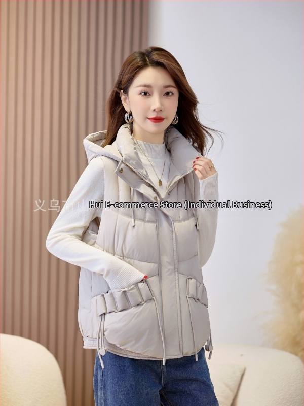 Sieviešu īsa kapuces veste ar poliestera un kokvilnas pildījumu, bieza auduma, rāvējslēdzēja aizdare, parasts garums, elegantisks pilsētas stils