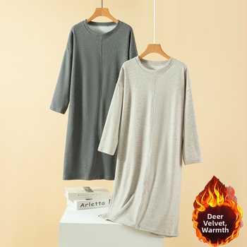 Γυναικείο νυχτικό σε μέγεθος Plus Size, με στρογγυλό λαιμό και μακριά μανίκια, μίνιμαλ μονόχρωμο στυλ — βαρύ ύφασμα 251–300 g/m2, κασμίρ προβάτου, 90–95% ακρυλικό