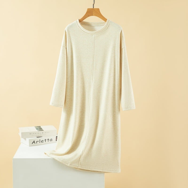 Γυναικείο νυχτικό σε μέγεθος Plus Size, με στρογγυλό λαιμό και μακριά μανίκια, μίνιμαλ μονόχρωμο στυλ — βαρύ ύφασμα 251–300 g/m2, κασμίρ προβάτου, 90–95% ακρυλικό