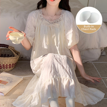 Νυχτερινό φόρεμα από cloud βαμβάκι, ένα κομμάτι, στυλ παραμυθένιο, τετράγωνος γιακάς, μανίκια ¾ – άνετο για χαλάρωση στο σπίτι και εξωτερική χρήση