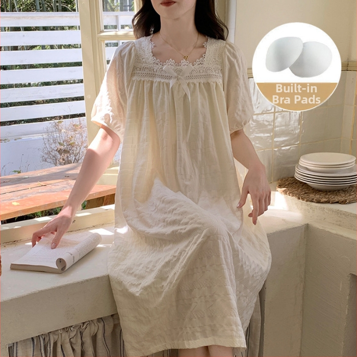 Νυχτερινό φόρεμα από cloud βαμβάκι, ένα κομμάτι, στυλ παραμυθένιο, τετράγωνος γιακάς, μανίκια ¾ – άνετο για χαλάρωση στο σπίτι και εξωτερική χρήση