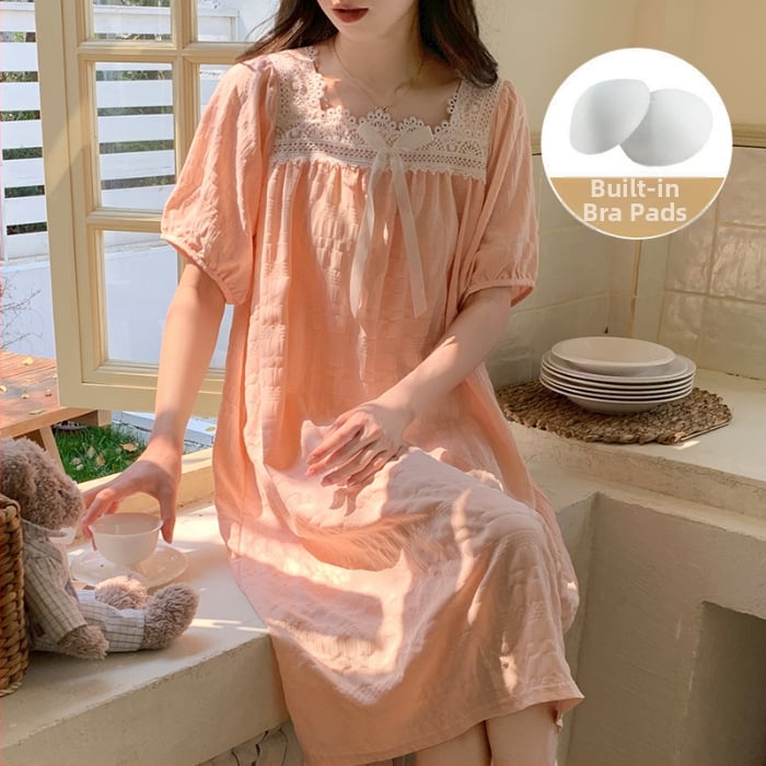 Νυχτερινό φόρεμα από cloud βαμβάκι, ένα κομμάτι, στυλ παραμυθένιο, τετράγωνος γιακάς, μανίκια ¾ – άνετο για χαλάρωση στο σπίτι και εξωτερική χρήση