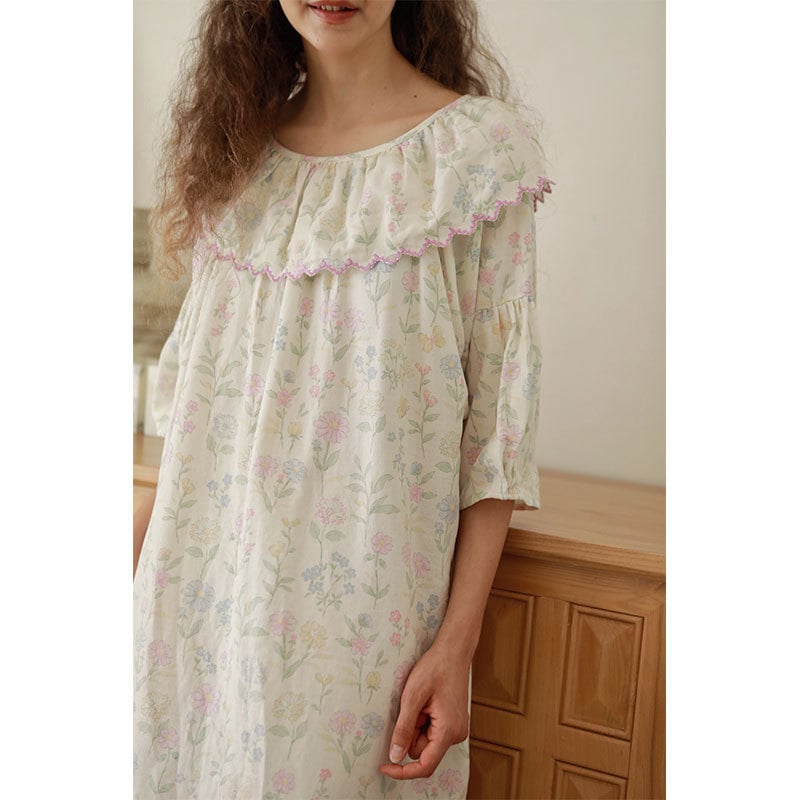 Νυχτικό από 100% βαμβάκι με διπλό στρώμα γάζας, μεσαίου μήκους, μανίκια 3/4, κεντημένο εκτυπωμένο μοτίο φύλλου λωτού, διαθέσιμο σε δύο χρώματα