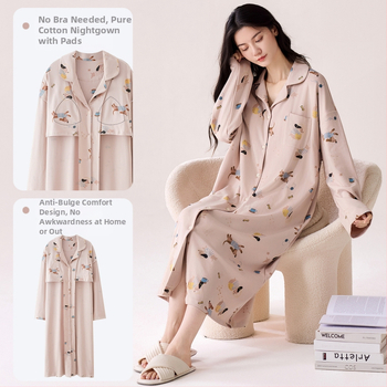 Νυχτικό με ενσωματωμένη επένδυση στήθους, 100% βαμβάκι, μακριά μανίκια, μεσαίου μήκους, γιακά τύπου λαφέλ, γυναικείο οικιακό ρούχο για άνοιξη και φθινοπωρο
