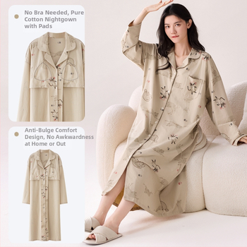 Νυχτικό με ενσωματωμένη επένδυση στήθους, 100% βαμβάκι, μακριά μανίκια, μεσαίου μήκους, γιακά τύπου λαφέλ, γυναικείο οικιακό ρούχο για άνοιξη και φθινοπωρο