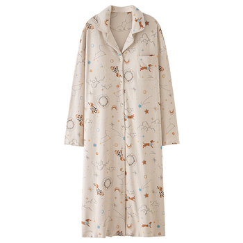 Νυχτικό με ενσωματωμένη επένδυση στήθους, 100% βαμβάκι, μακριά μανίκια, μεσαίου μήκους, γιακά τύπου λαφέλ, γυναικείο οικιακό ρούχο για άνοιξη και φθινοπωρο