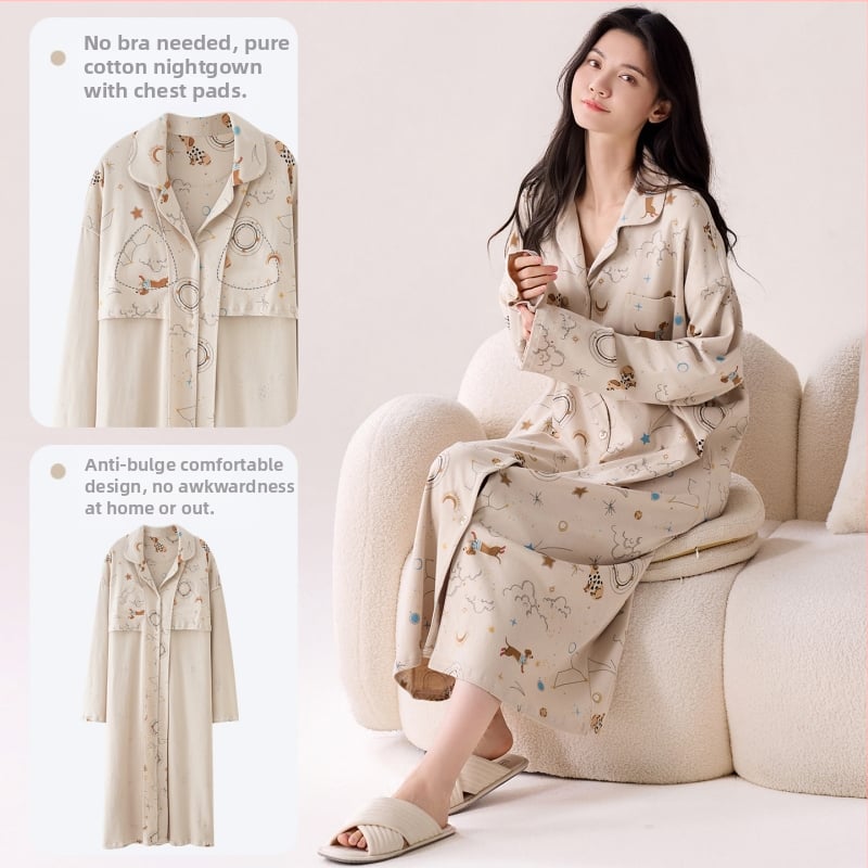 Νυχτικό με ενσωματωμένη επένδυση στήθους, 100% βαμβάκι, μακριά μανίκια, μεσαίου μήκους, γιακά τύπου λαφέλ, γυναικείο οικιακό ρούχο για άνοιξη και φθινοπωρο