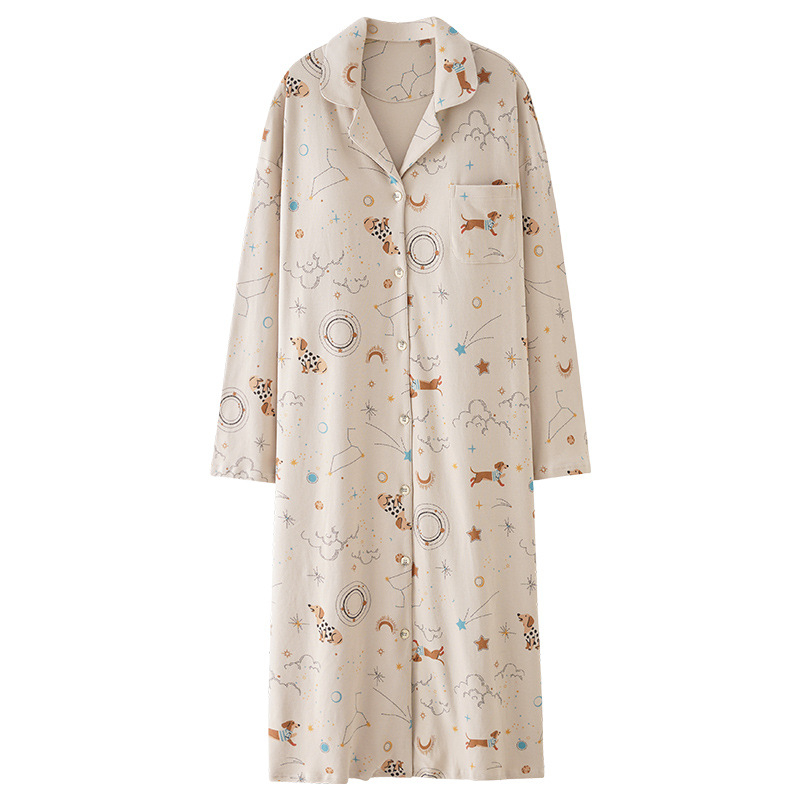 Νυχτικό με ενσωματωμένη επένδυση στήθους, 100% βαμβάκι, μακριά μανίκια, μεσαίου μήκους, γιακά τύπου λαφέλ, γυναικείο οικιακό ρούχο για άνοιξη και φθινοπωρο