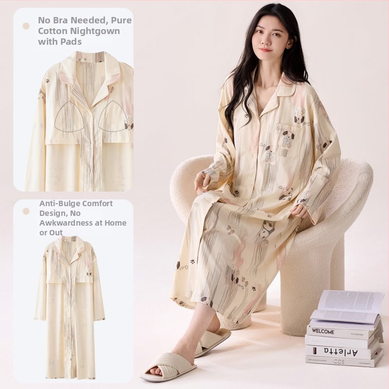 Νυχτικό με ενσωματωμένη επένδυση στήθους, 100% βαμβάκι, μακριά μανίκια, μεσαίου μήκους, γιακά τύπου λαφέλ, γυναικείο οικιακό ρούχο για άνοιξη και φθινοπωρο