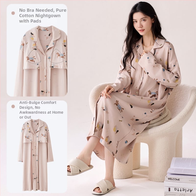 Νυχτικό με ενσωματωμένη επένδυση στήθους, 100% βαμβάκι, μακριά μανίκια, μεσαίου μήκους, γιακά τύπου λαφέλ, γυναικείο οικιακό ρούχο για άνοιξη και φθινοπωρο