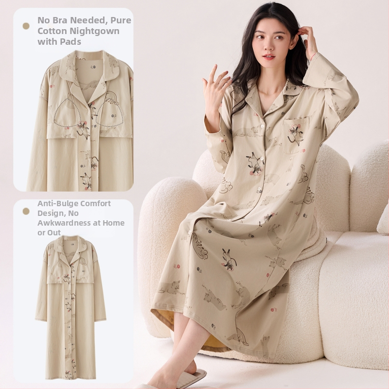 Νυχτικό με ενσωματωμένη επένδυση στήθους, 100% βαμβάκι, μακριά μανίκια, μεσαίου μήκους, γιακά τύπου λαφέλ, γυναικείο οικιακό ρούχο για άνοιξη και φθινοπωρο