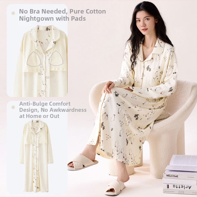 Νυχτικό με ενσωματωμένη επένδυση στήθους, 100% βαμβάκι, μακριά μανίκια, μεσαίου μήκους, γιακά τύπου λαφέλ, γυναικείο οικιακό ρούχο για άνοιξη και φθινοπωρο