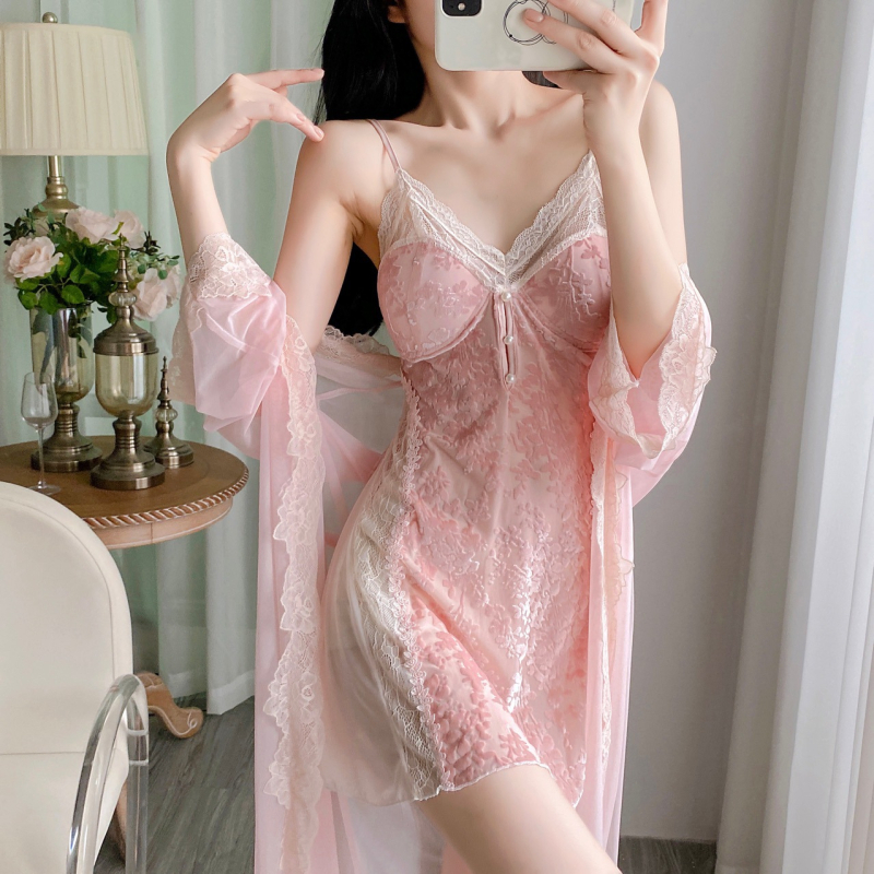 Σετ νυχτερινού ρουχισμού δύο τεμαχίων — Σατινέ Ice Silk, Δαντέλα χωρίς πλάτη, Μεσαίου μήκους φούστα