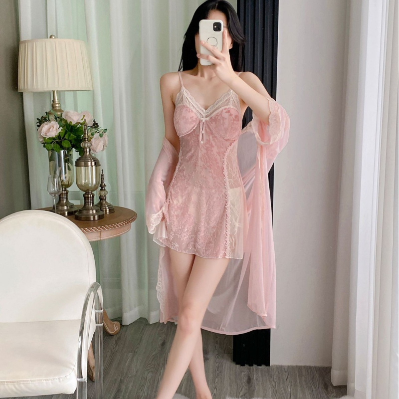 Σετ νυχτερινού ρουχισμού δύο τεμαχίων — Σατινέ Ice Silk, Δαντέλα χωρίς πλάτη, Μεσαίου μήκους φούστα