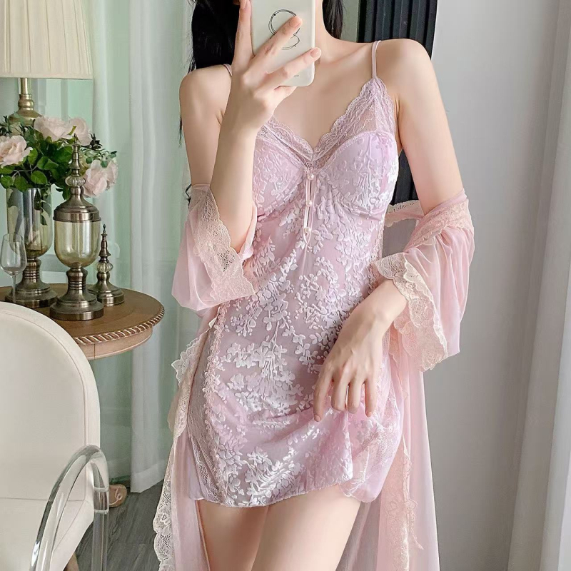 Σετ νυχτερινού ρουχισμού δύο τεμαχίων — Σατινέ Ice Silk, Δαντέλα χωρίς πλάτη, Μεσαίου μήκους φούστα