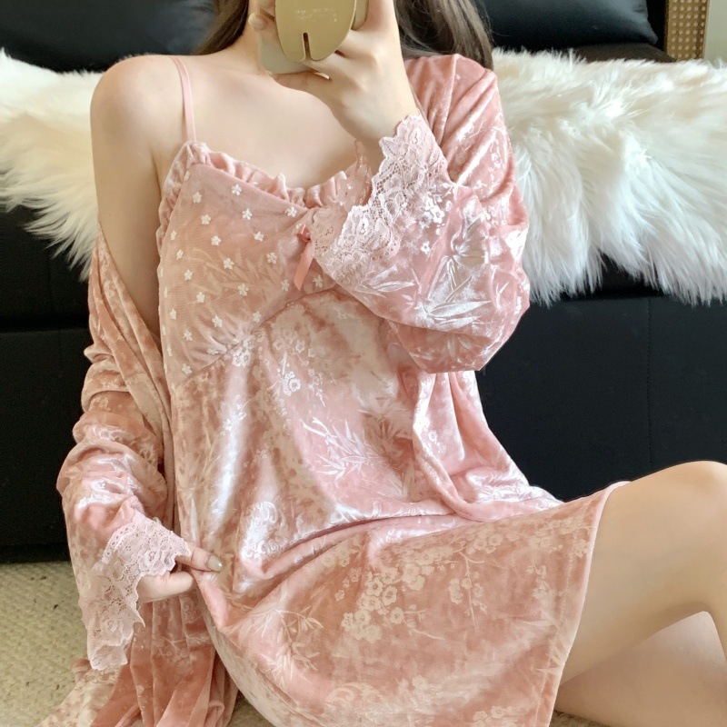 Ženske baršunaste pidžame s podstavkom za poprsje, jesen-zima, četverodjelni set s dugim rukavima, debeli i topli kućni outfit