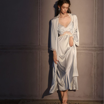 Ice Silk cami νυχτικό με επένδυση στήθους, V-λαιμό, μακρύ νυχτικό με δαντέλα