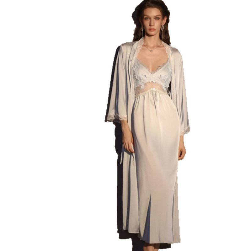 Ice Silk cami νυχτικό με επένδυση στήθους, V-λαιμό, μακρύ νυχτικό με δαντέλα