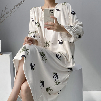 Νυχτικό Island Velvet με Panda print, φλις επένδυση, μακριά μανίκια, μεσαίου μήκους