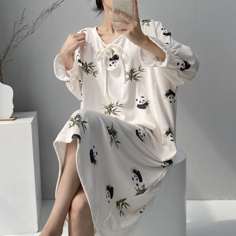 Νυχτικό Island Velvet με Panda print, φλις επένδυση, μακριά μανίκια, μεσαίου μήκους