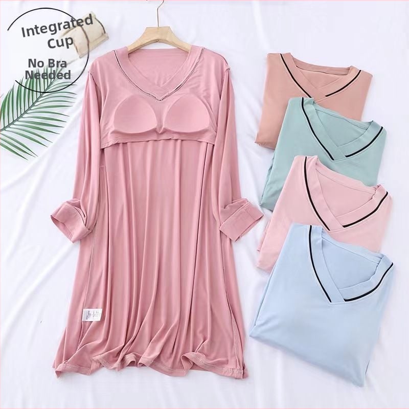 Νυχτερινό φόρεμα Modal με μακριά μανίκια και ενσωματωμένες cups στήθους, ένα κομμάτι, άνετη γραμμή, μήκος πάνω από το γόνατο