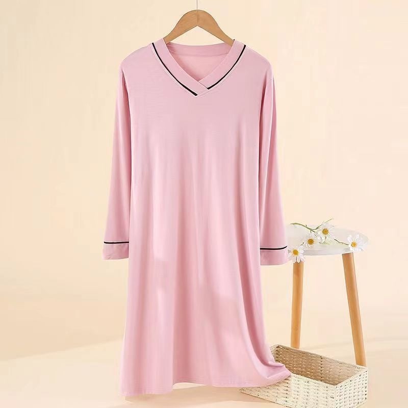 Νυχτερινό φόρεμα Modal με μακριά μανίκια και ενσωματωμένες cups στήθους, ένα κομμάτι, άνετη γραμμή, μήκος πάνω από το γόνατο