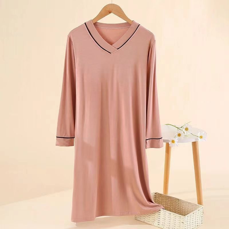 Νυχτερινό φόρεμα Modal με μακριά μανίκια και ενσωματωμένες cups στήθους, ένα κομμάτι, άνετη γραμμή, μήκος πάνω από το γόνατο