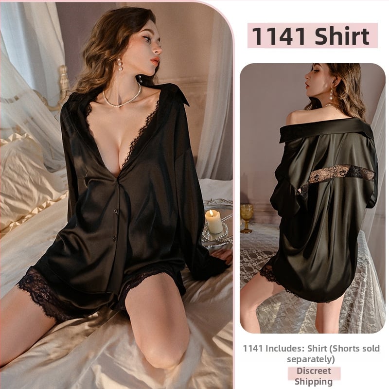 Σετ πιτζάμες με δαντέλα για μεγάλος μέγεθος: πουκάμισο με V-λαιμό και χαλαρή νυχτικιά, πολυεστέρας, κατάλληλο για όλες τις εποχές